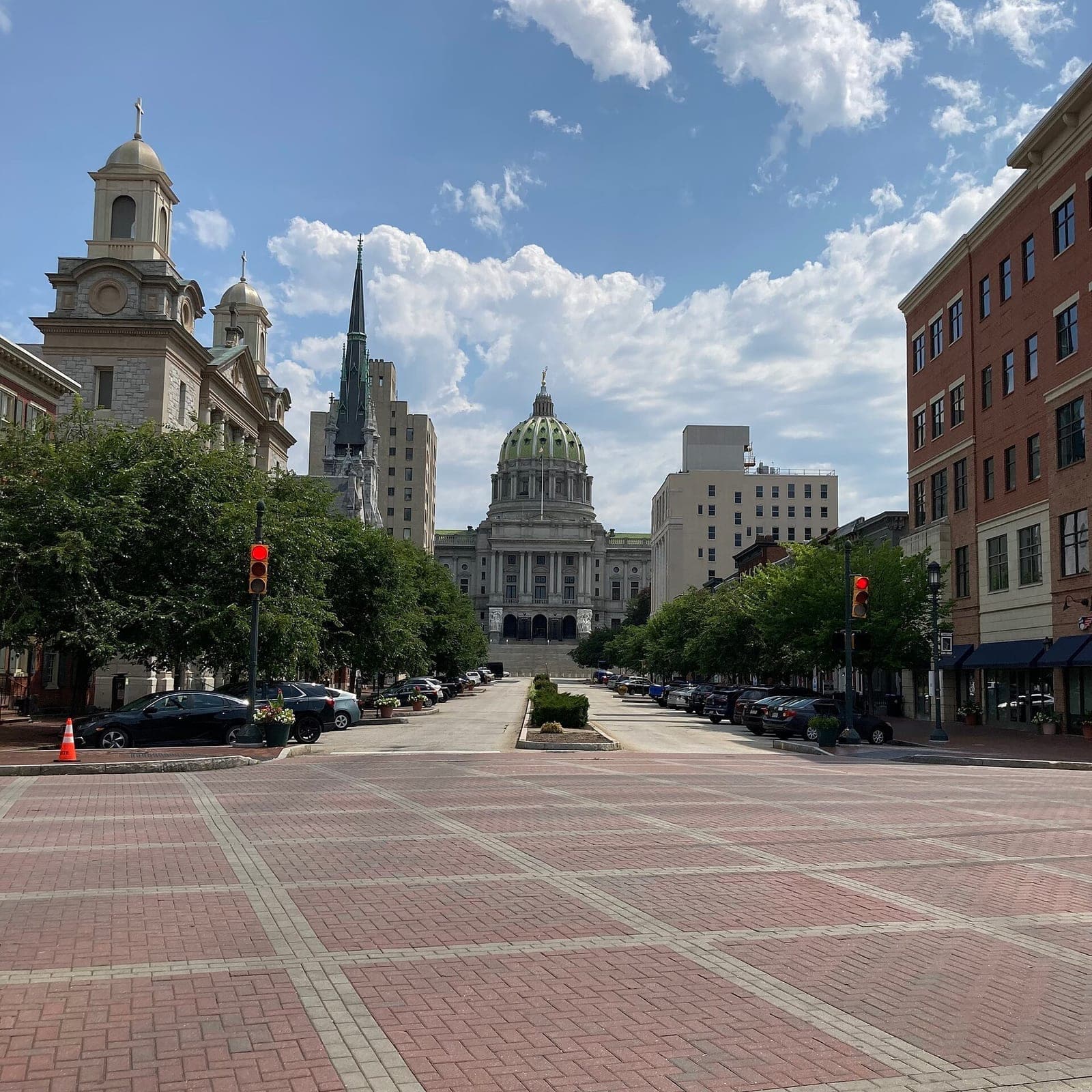 Exterior view of the Pennsylvania State Capitol in Harrisburg seen from downtown