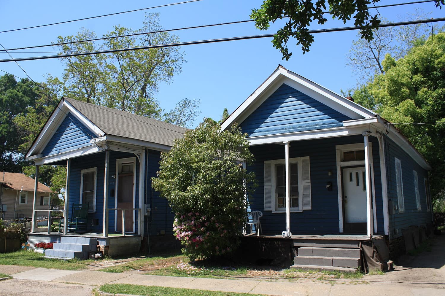 Two 1925 shotgun houses side by side on North Ann Street in the Campground Historic District, Mobile, Alabama