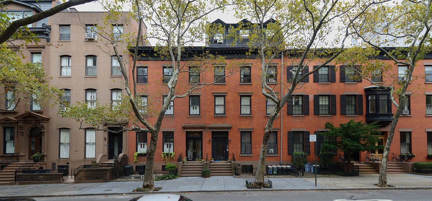 A row of brick and brownstone townhouses in the Brooklyn Heights Historic District