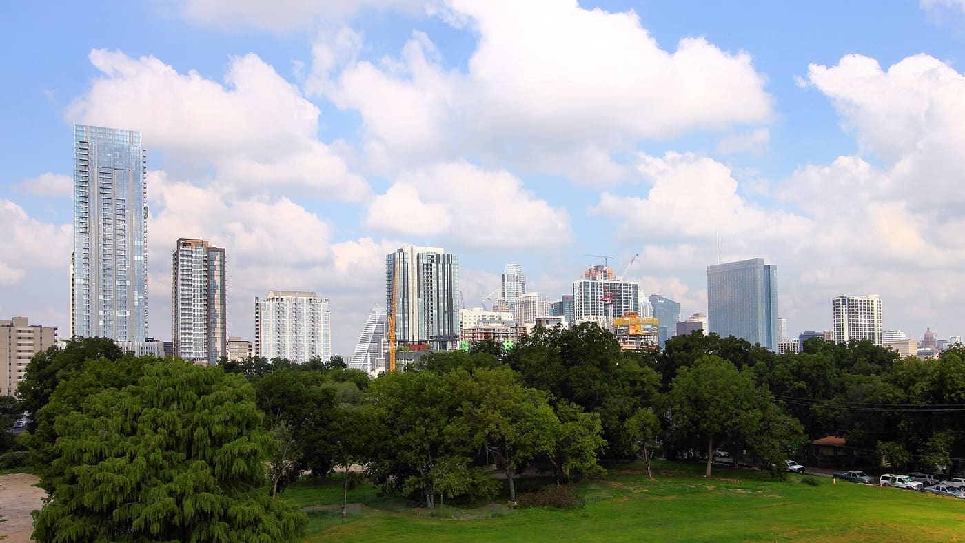 The downtown Austin skyline seen from the southeast across the water