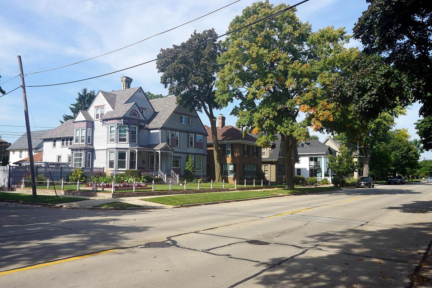Houses along a tree-lined street in the Southside Historic District of Racine, Wisconsin, in autumn